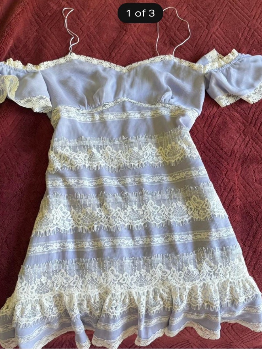 NBD Lavender Off-Shoulder Dress with White Lace Trim
